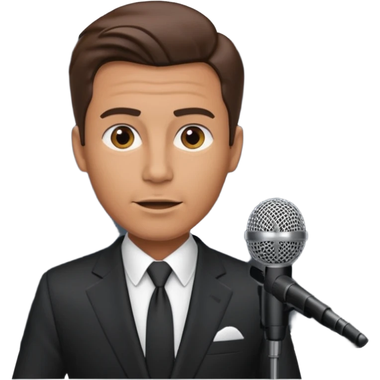 A man speaks into a microphone, and there is a prompter screen in front of him. emoji