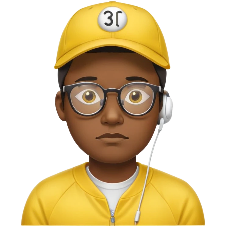 "- Nam
- 30 tuổi
- Da đen
- Đội mũ lưỡi trai vàng
- Đeo kính, airpod
- Mặt buồn
" emoji
