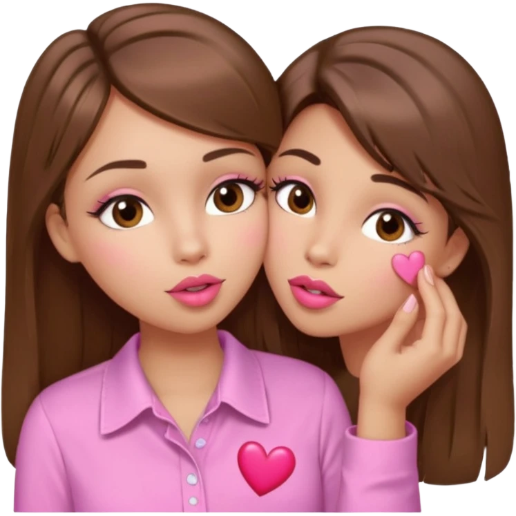 girl with long wavy brown hair, brown eyes, light to medium complexion, in a pink shirt, pink lips, long lashes, puckering up for a kiss, kiss lips and hearts in hand emoji