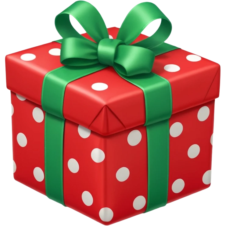 A red gift tied with a green ribbon in a white polka dot, emoji