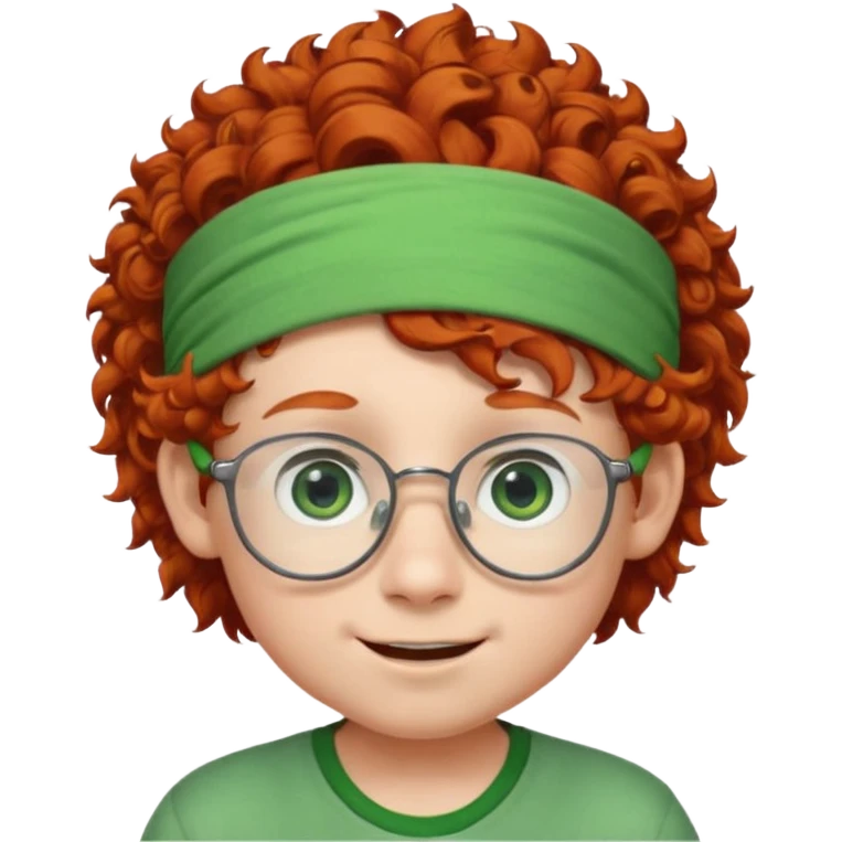 redhead kid with unique face features and very curly hair kid boy happy and big glassess and big nose and very green eyes and headband emoji