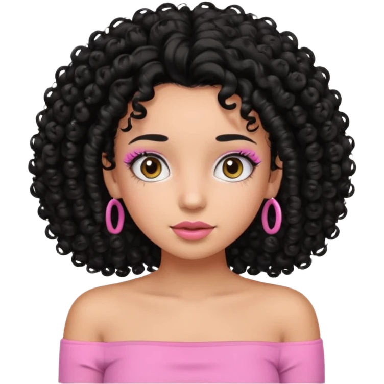 a girl with curly black hair looking forward while wearing a pink tube top but the stomach not showing and lashes too emoji