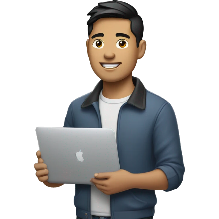 Filipino Asian handsome guy that holds a Mac Book laptop with air pods. emoji