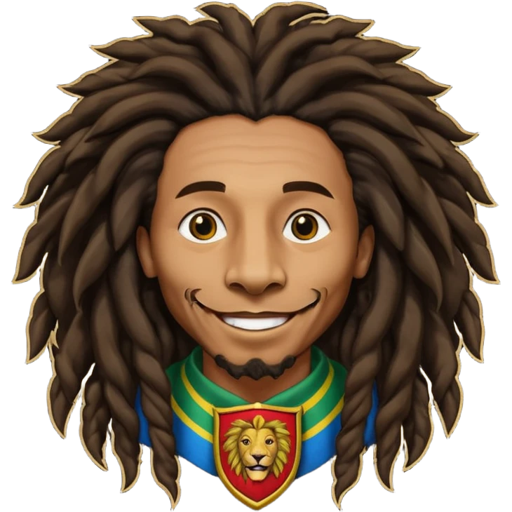 very realistic Bob Marley with gigantic dread locks in form heraldic crest with ethiopian lion emoji
