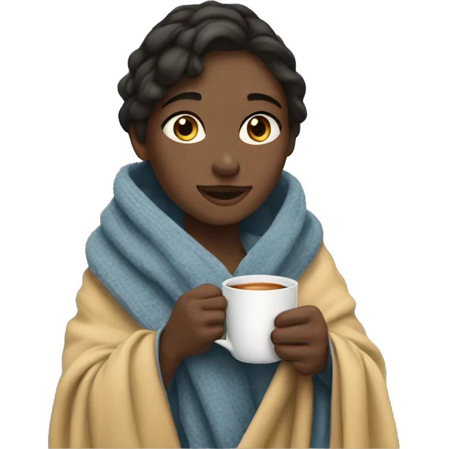 Girl in blanket with cup of tea emoji