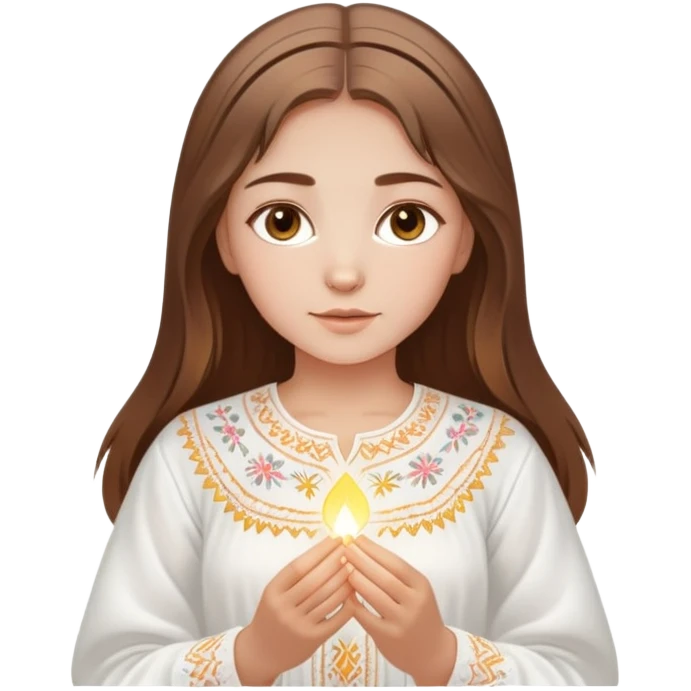 Ukrainian young girl with brown hair wearing a traditional white embroidered vyshyvanka shirt, holding a glowing ethereal light representing her soul emoji