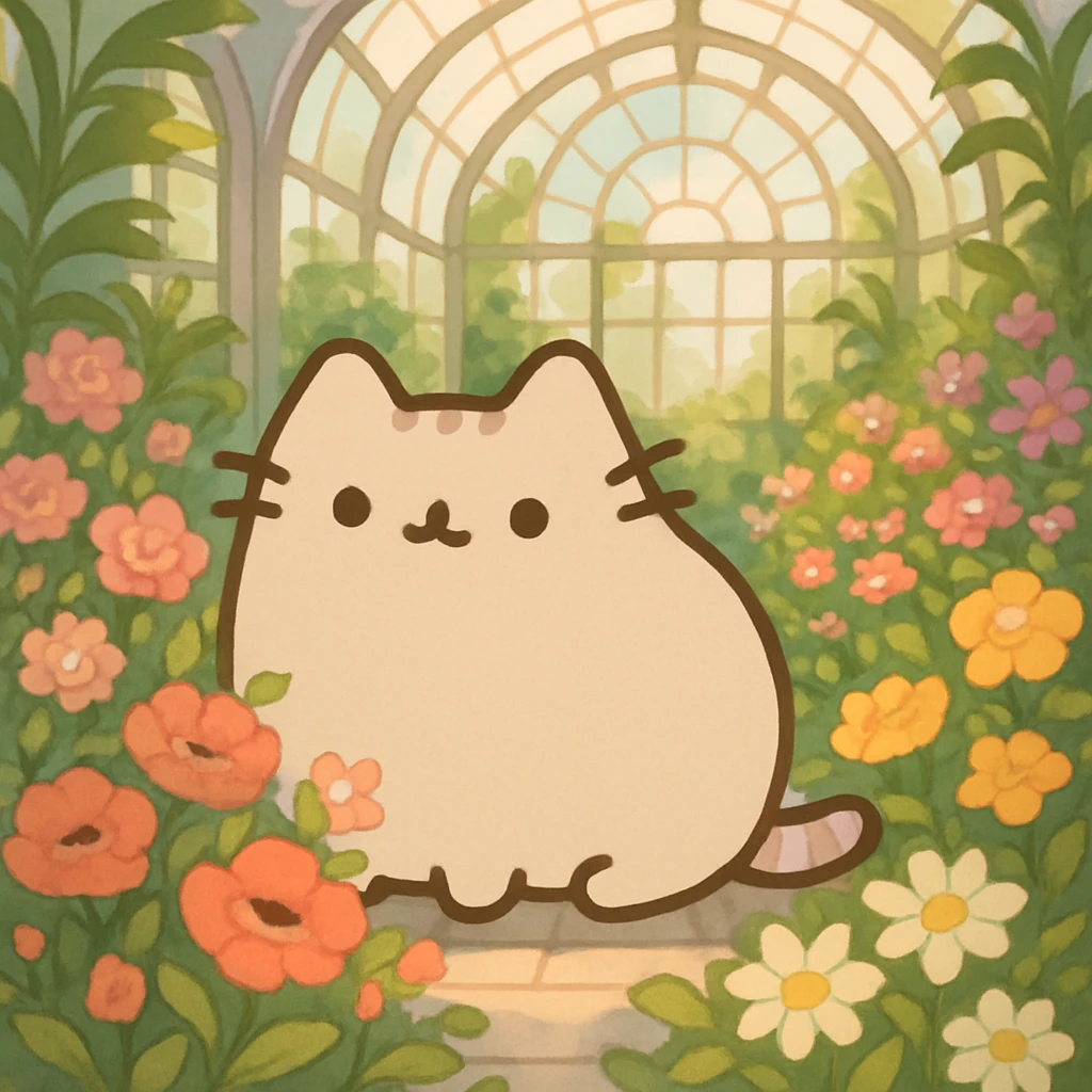 beige blonde pusheen-style kitten in a botanical garden greenhouse filled with flowers emoji