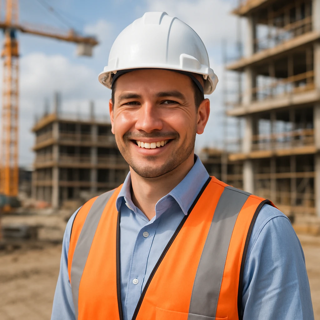 smiling civil engineer in a hard hat, construction site background emoji