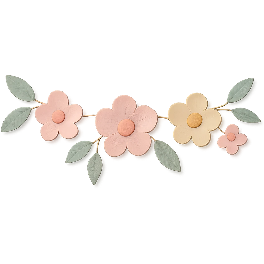 wall floral garland with small leaves in a cozy café, soft pastel colors, paper craft style emoji