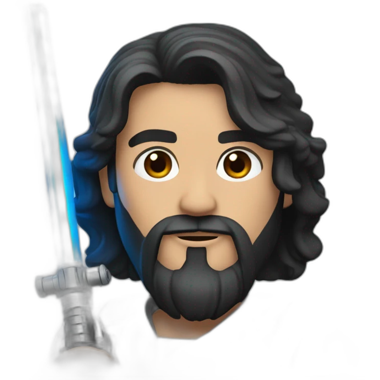 Moto A white Portuguese with black and medium-length hair and a beard that holds a blue lightsaber emoji