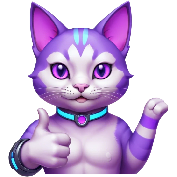 Create a highly detailed yet simplified cartoon-style male cat emoji with a confident thumbs-up gesture, optimized for a small emoji size. The cat should be primarily purple with bold white accents for contrast. He has a strong jawline and a confident smirk, reinforcing his masculine features. His large, expressive eyes glow in a neon purple shade to maintain visibility at a tiny scale. His ears are perked up, and his pose is slightly tilted forward to enhance the sense of motion. The thumbs-up paw is exaggerated in size to ensure clarity, with smooth shading and a glossy effect. The emoji must have a transparent background with a subtle glow effect in electric blue around the edges to give it a futuristic gaming aesthetic. The outline should be clean and bold, making the design crisp even when scaled down to a small Discord emoji emoji