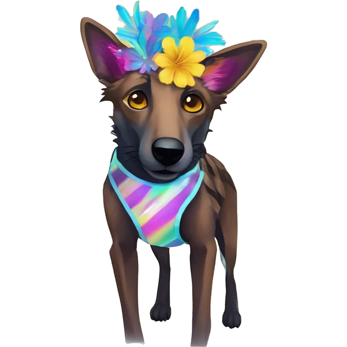  brindle brown black maroon striped lurcher Alsatian fox running blue eyes and iridescent holographic oilslick harness wearing paper iridescent tropical flower crown yellow caution tape emoji