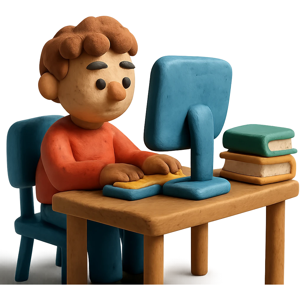 student at a desk with a computer and books emoji