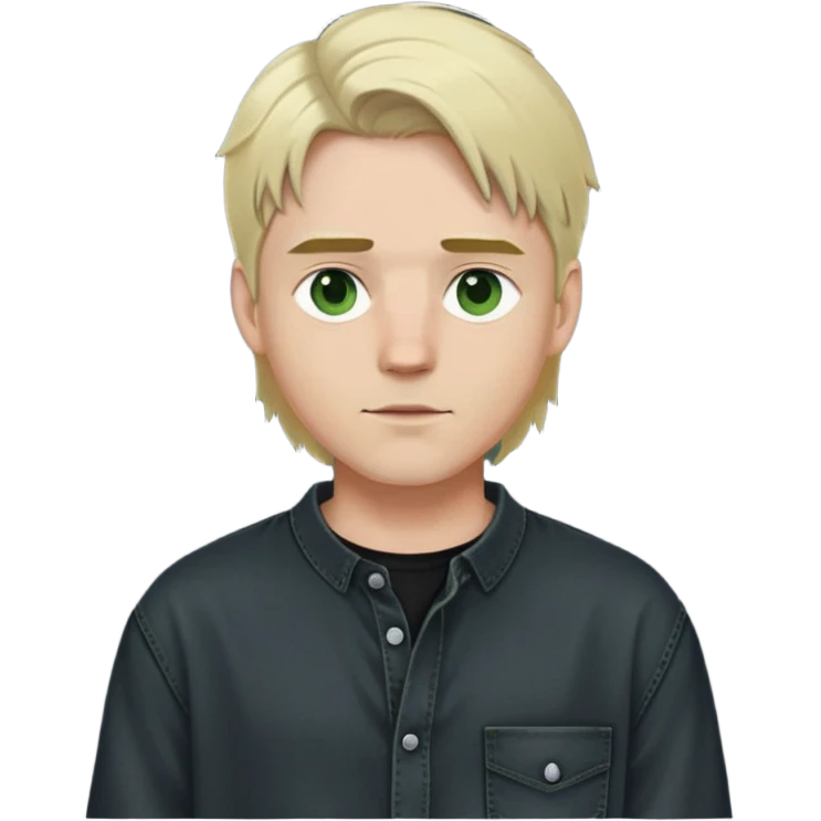 a man with really light hair, middle part, wolfcut, half neck long. he’s wearing black oversized shirt and dark oversized jeans, green/grayish eyes  emoji