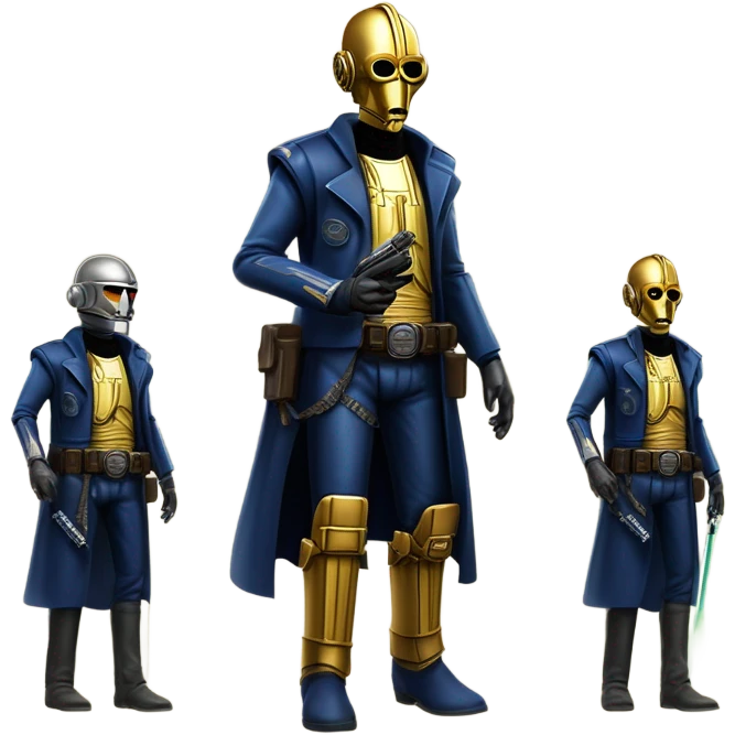 bounty hunter tarnished undercover tough well-equipped Jedi  life-sized darkblue-pearl C3po leather vest clothing pants and vest old west duster coat holding light saber sheriff holstered gun emoji