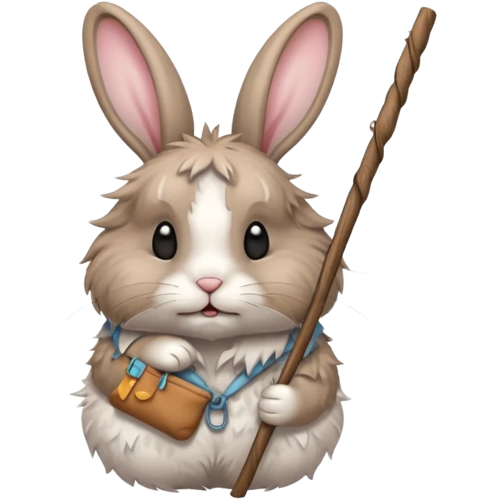 A fluffy rabbit with messy fur, carrying a patched little pouch tied to a stick, ears drooping but expression soft.
 emoji