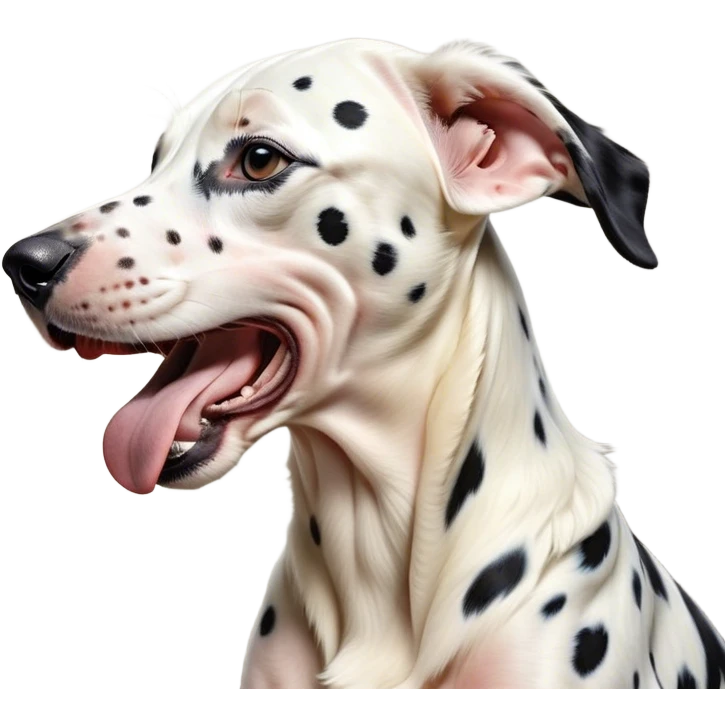 Cinematic Cute Yawning Spotted Dalmatian Portrait Emoji, Head tilted slightly with a dramatic, wide-open yawn, showcasing a smooth Fur of predominantly white with bold black patches, floppy ears slightly drooping, round eyes barely open in drowsy contentment, Simplified yet irresistibly adorable features, highly detailed, glowing with a soft, cozy glow, high shine, relaxed yet expressive, stylized with a touch of whimsy, bright and endearing, soft glowing outline, capturing the essence of a sleepy yet affectionate guardian, so drowsy it feels like it could stretch out of the screen and curl up for a nap! emoji