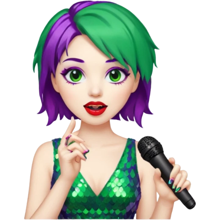 female joker with dress, microphone, singing emoji