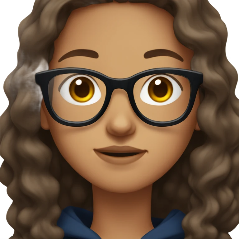 Girl with long brown wavy hair and dark blue glasses wearing a black hoodie  emoji