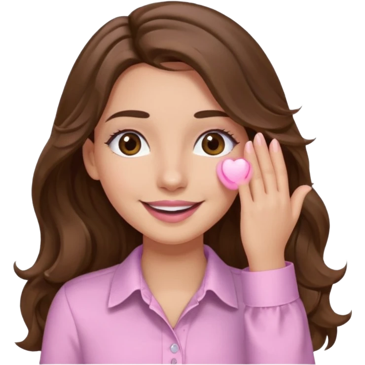 girl with wavy long brown hair, brown eyes, light to medium complexion, long lashes, light pink lipstick, wearing light pink shirt, smiling, hand covering eyes emoji