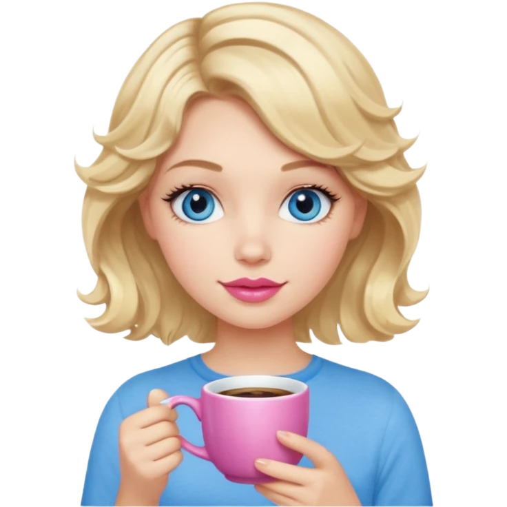 Girl Blonde short wavy hair,  blue eyes, cute blue top, long lashes, pink lips, holding hot coffee mug emoji