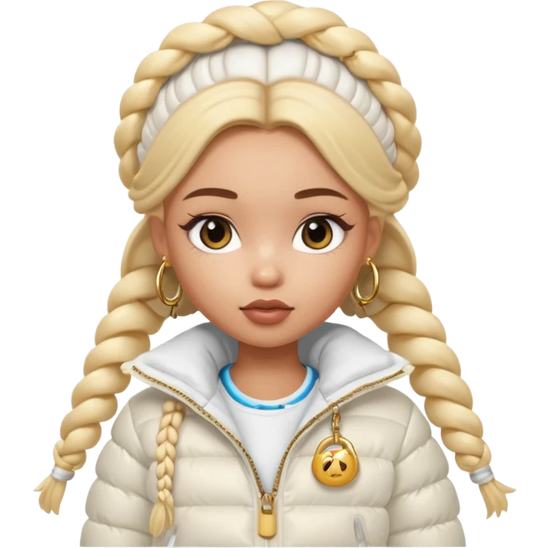 generate a pretty bratz girl with a WHITE puffer jacket, hoops, long braided hair emoji