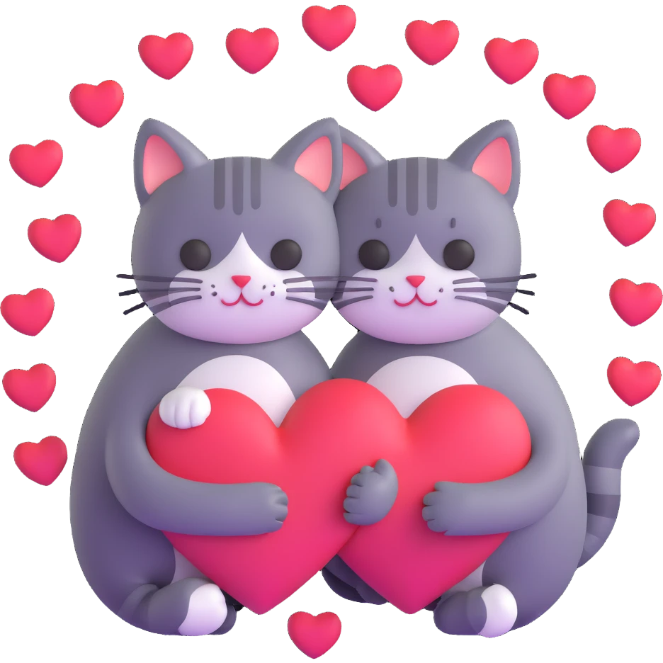 two cats in love cuddling with heart shapes emoji