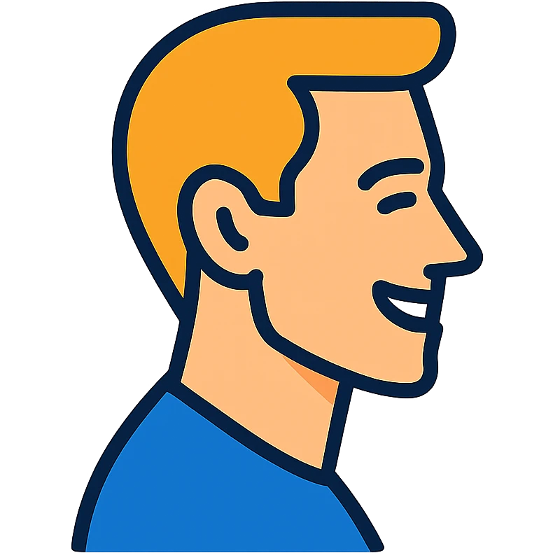 Show the same handsome white man in side profile, smiling, with short hair and a simple background. emoji