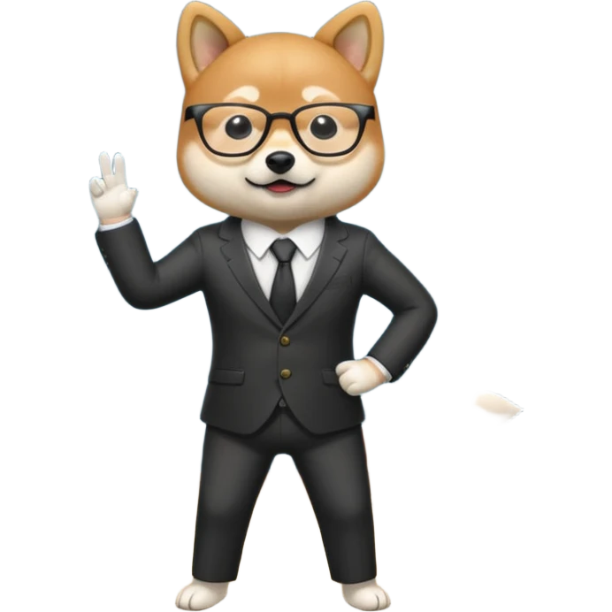  shiba inu performs on stage without a background, wearing glasses and a business suit. emoji