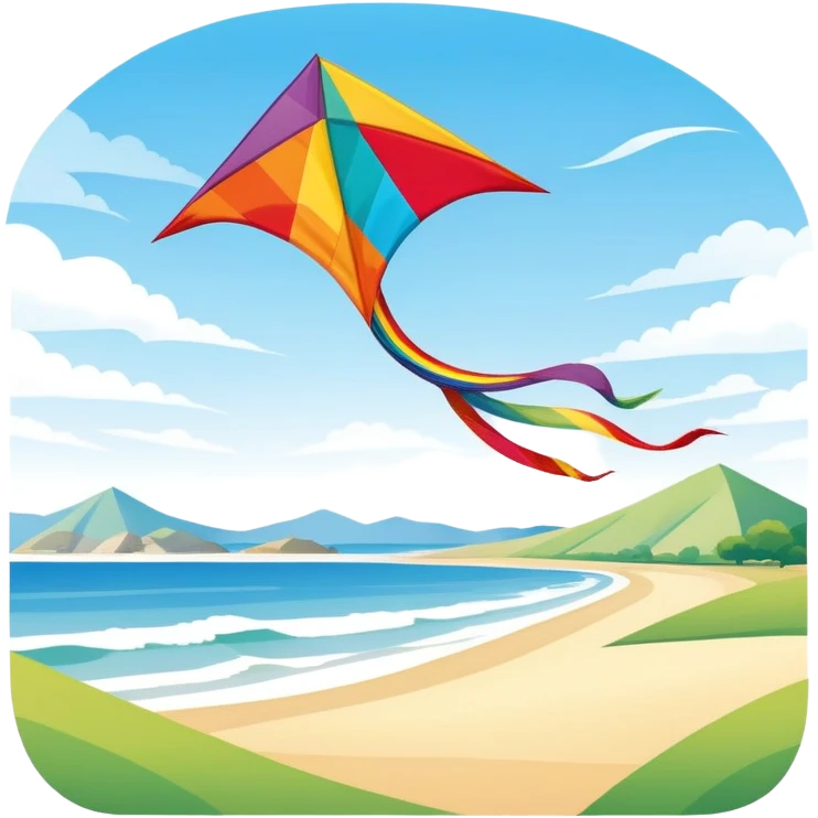 A colorful kite soaring high in the sky on a sunny day, with a long, flowing tail trailing behind. The background features an open field or beach, capturing the joy and freedom of flying kites, with gentle winds and a peaceful atmosphere. emoji