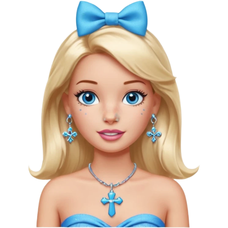 Barbie emoji with earrings and nose piercings and a cross necklace and blue eyes with bow in hair and tube top and long lashes with freckles  emoji