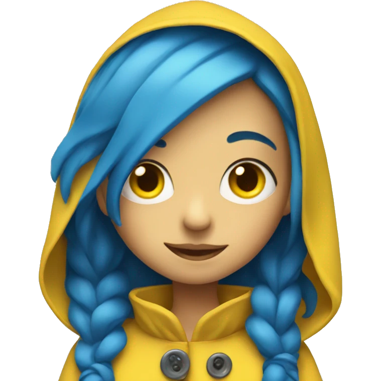 Girl with blue hair, with buttons as eyes wearing a yellow raincoat emoji