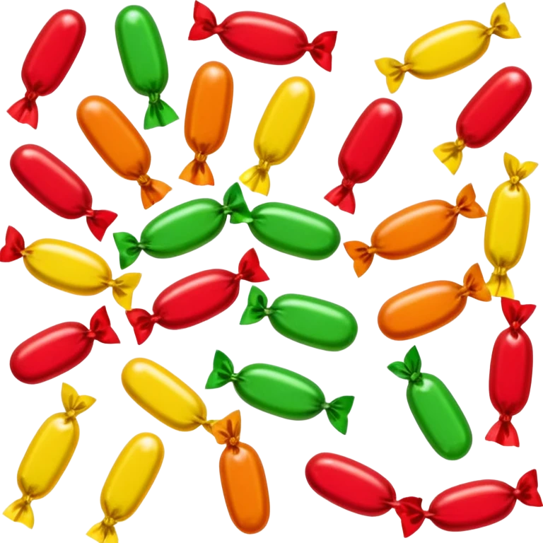 small assortment of colorful wrapped candies with twisted cellophane ends, loose scatter, shapes vary round oval square, glossy surfaces, vibrant colors red yellow green, soft lighting, subtle shadows, emoji scale emoji