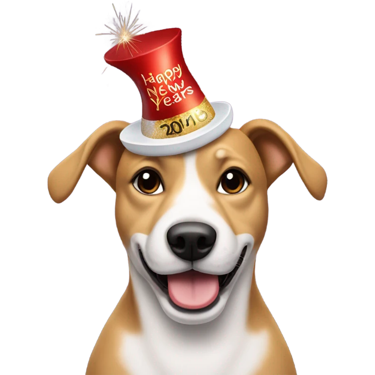 Dog wearing happy new years hat holding champagne emoji