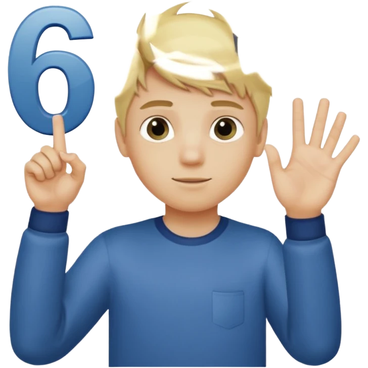 A boy with blonde hair holding up the numbers six on the left hand and 7 on the right hand  emoji