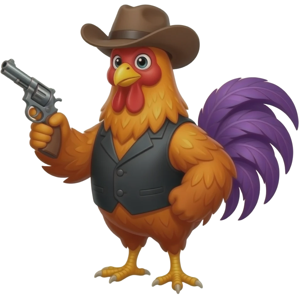 orange, purple Rooster black vest, hat cowboy with gun emoji