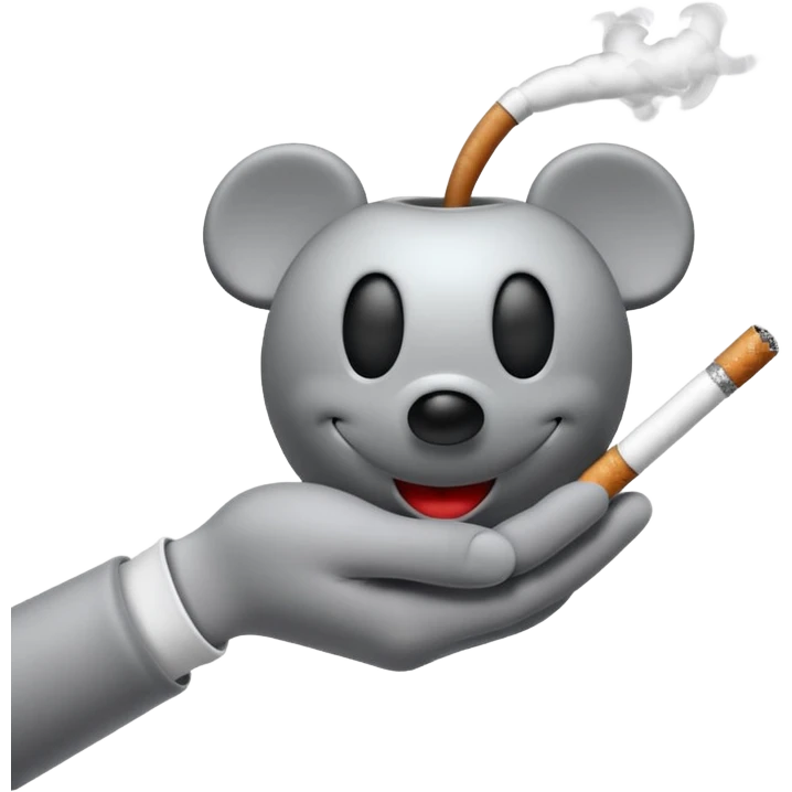 Mickey Mouse style white glove hand holding a cigarette with smoke curling up, Apple emoji style emoji