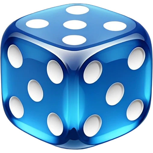transparent blue dice with white dots, emoji style emoji