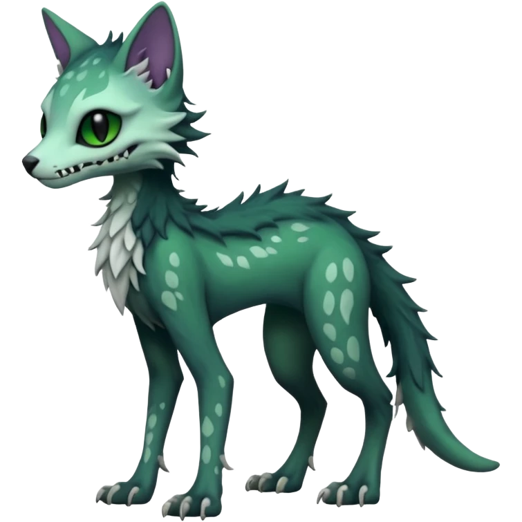Kawaii spooky dark bleak blackish swampy white-skeletal gloomy ghostly dark greyish dark-deep-greenish foggy eldritch beautiful realistic edgy fantasy ghoul-like stitched feline-vernid-sergal-fursona animal creature with a tufted tail full body with intricate markings  emoji