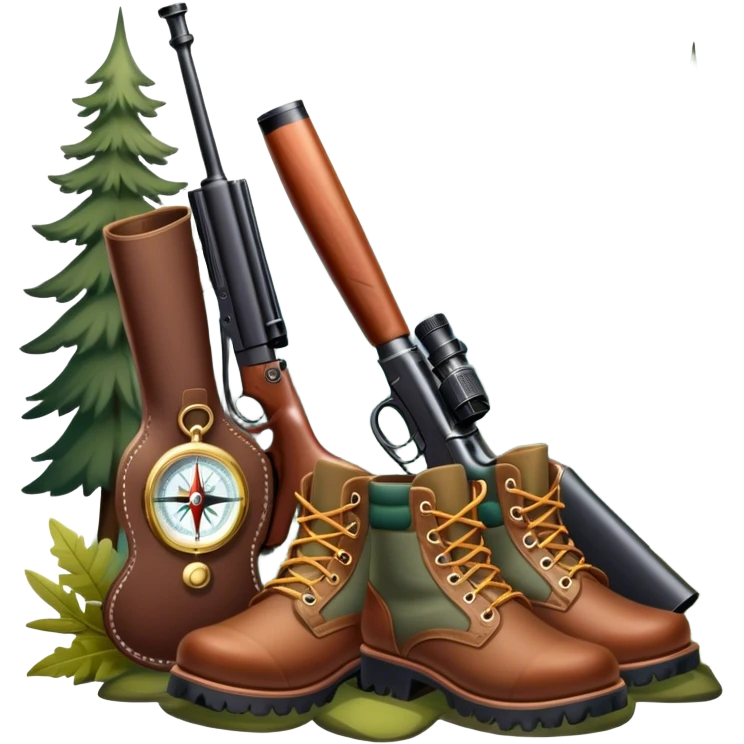 Icon for Hunting Tourism: a double-barrelled hunting rifle, hunting boots and a compass on a forest background, with a silhouette of wildlife in the distance. The icon should capture the adventure and connection with nature in hunting tourism. Transparent background. emoji