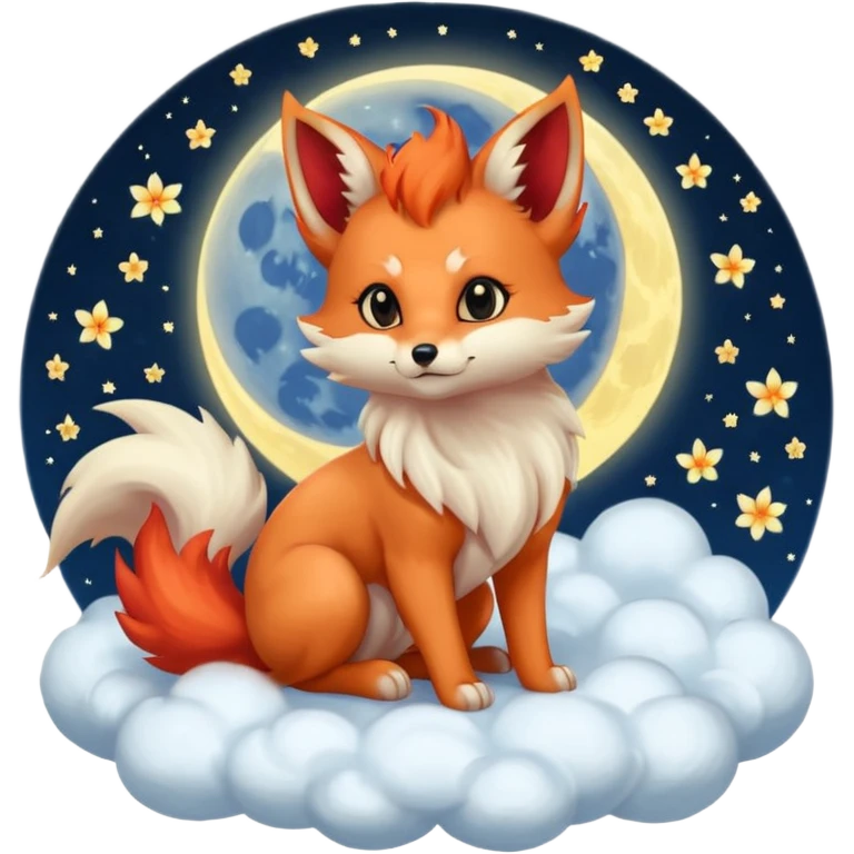 Moon-bathed Kitsune-Ninetails-Vulpix-Zorua-fox-kit-goddess serene peaceful glowing wide open white neon sharp orb eyes, sitting on a cloud, night sky dark, visionary, mystic, mysterious, mystical, legendary  emoji