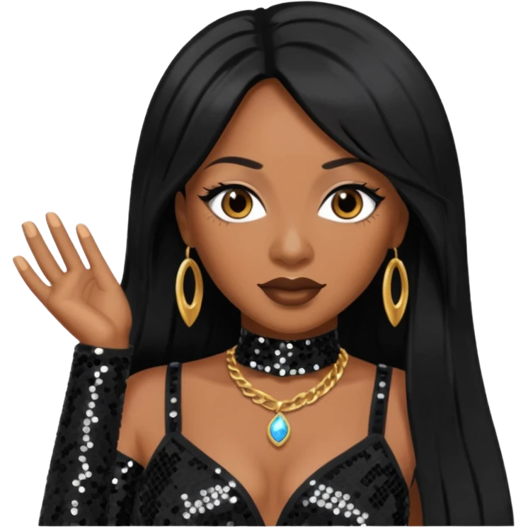 Taj from SWV with long black hair, black sequin outfit emoji