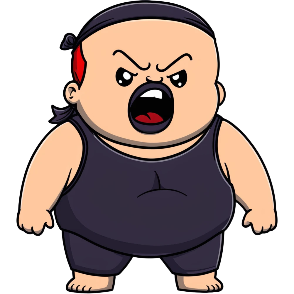 Extreme close-up of face of morbidly obese white skin guy with young face, prominent BLACK DURAG tied clearly on head, black beard but no mustache, clean shaven upper lip, black eyes in a red and black wrestling singlet with mouth wide open screaming angrily emoji