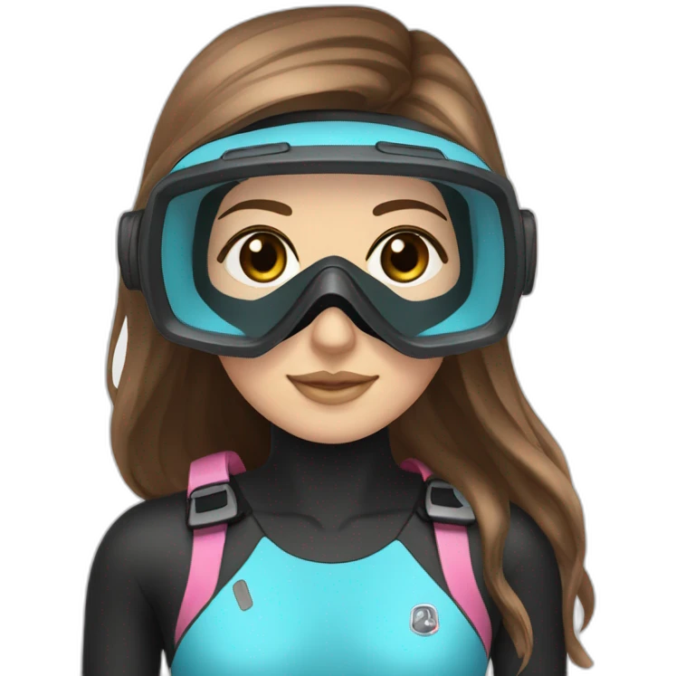 woman large brown and straight hair, black and pink diving mask with a single crystal, light blue eyes, scubadiving gear emoji