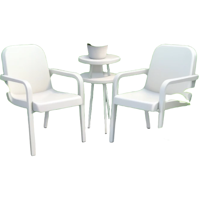  2 white plastic chairs amongst plants emoji