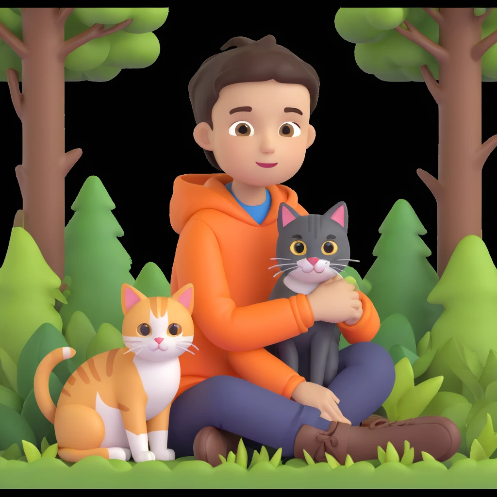 boy and cat pet in forrest background, close up pose emoji