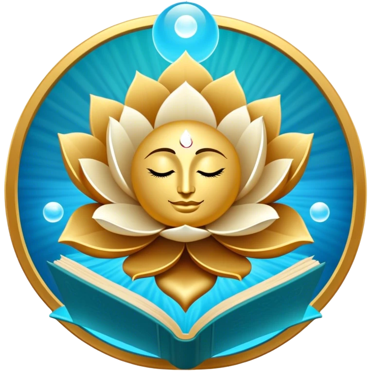 Un libro book dorado y azul celeste con detalles esmeralda, bordes luminosos y un símbolo de círculo zen, loto en la portada, irradiando presencia, tranquilidad y despertar espiritual.  emoji