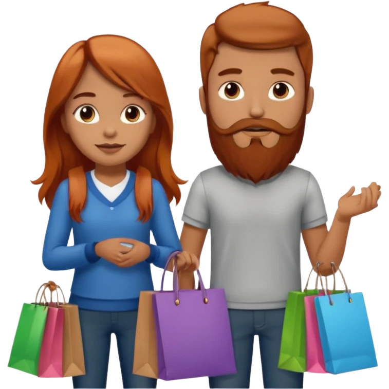 Chica con cabello cobrizo largo y chico con barba los dos con bolsas de compras  emoji