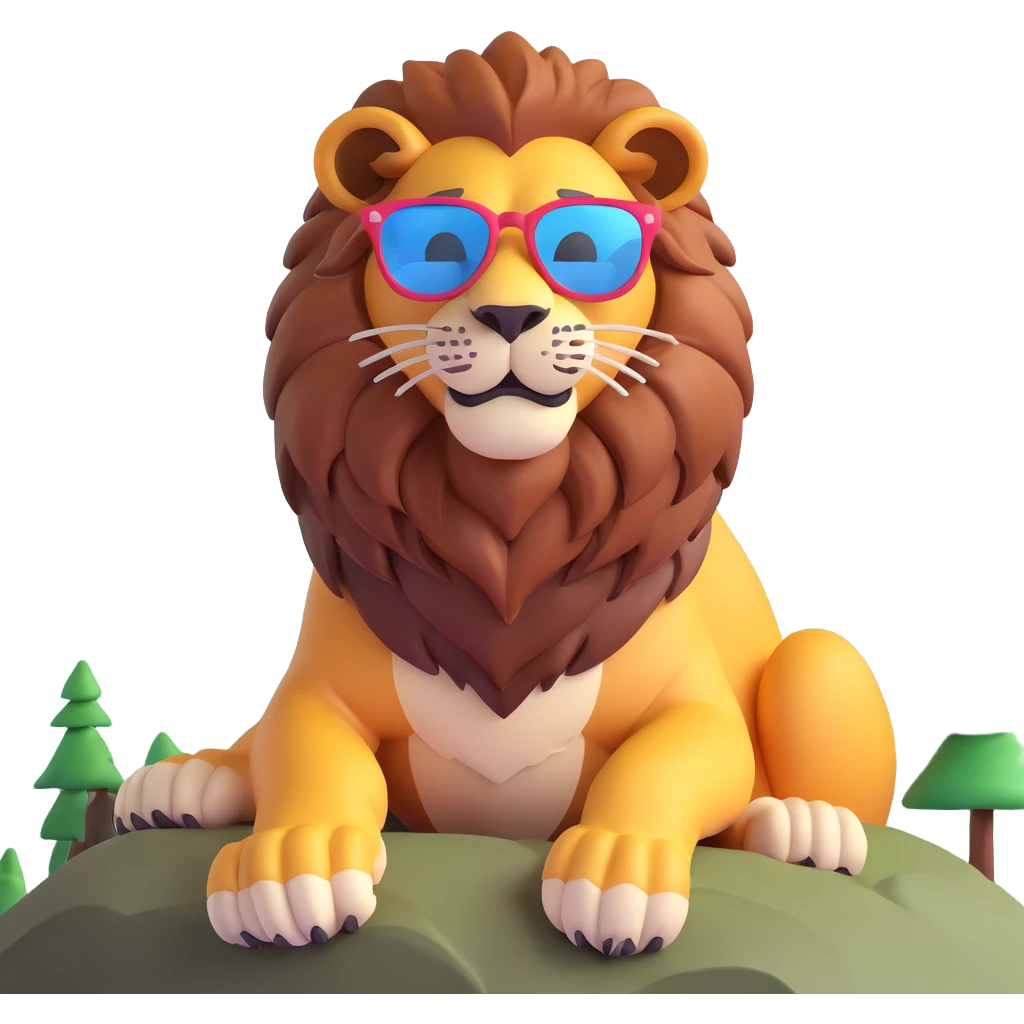 a lion with cool glasses chilling on a mountain top emoji