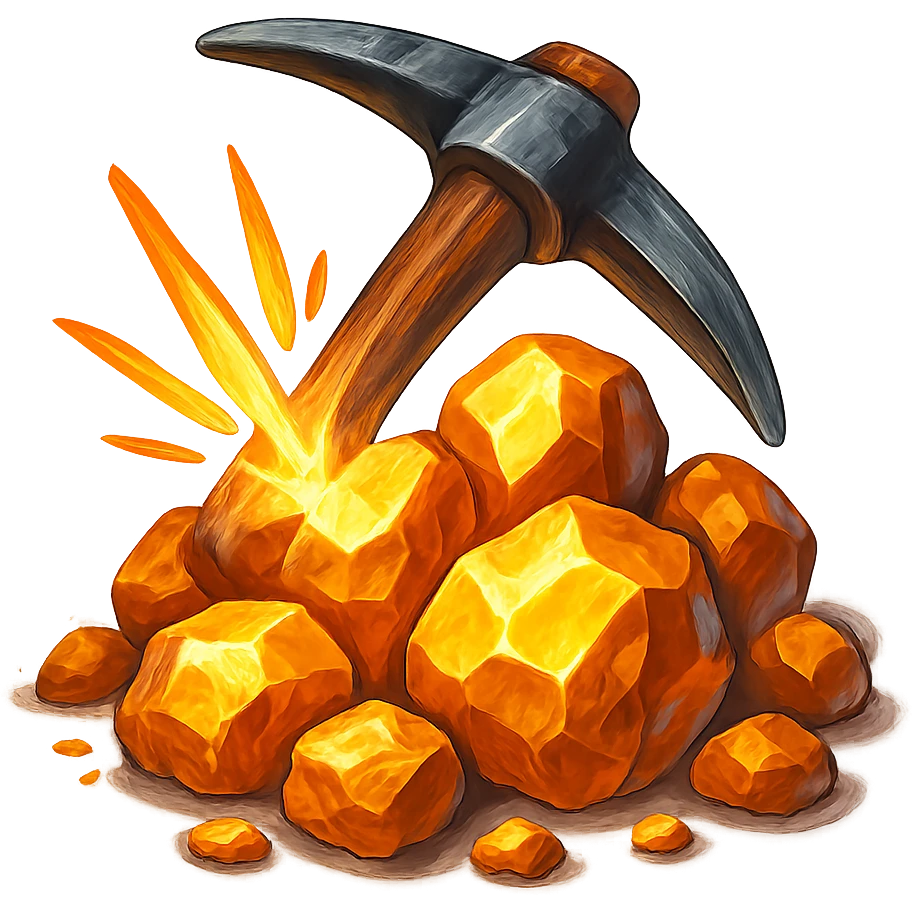 В cлегка рисованной, но при этом объемной и яркой стилистике сгенерируй картинку горстки золотых самородков, по которой бьет кирка, прозрачный фон emoji